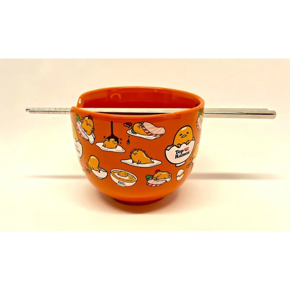 Sanrio Gudetama Japanese Top Ramen 20 oz Noodle/Rice Bowl w/ Silver Chopsticks